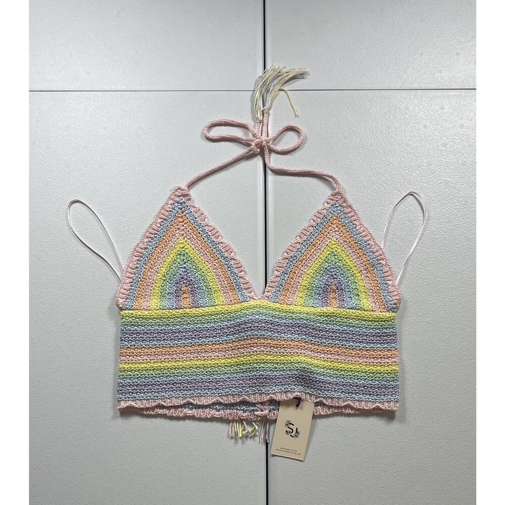 Sincerely Jules Crochet Crop Top Women’s M Rainbow Rave Boho‎ Strap NWT